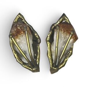 Vintage 70s Raw Citrine Crystal Brass Tone Brutalist Modern Clip On Earrings